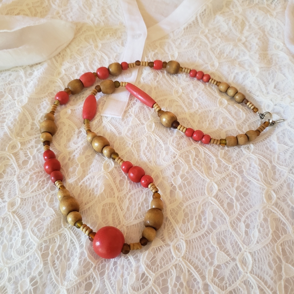 Boho Red and Brown Wooden Necklace - Picture 2 of 6